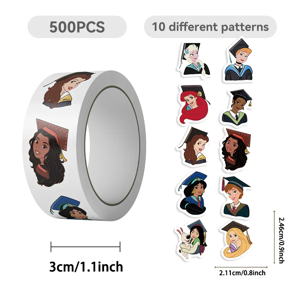500 Piezas/Rollo de Pegatinas de Sellado de la Temporada de Graduación de las Princesas de Disney, Rollo de Calcomanías Creativas de Dibujos Animados para Decorar Equipaje, Teléfonos, Guitarras y Juguetes para Niños