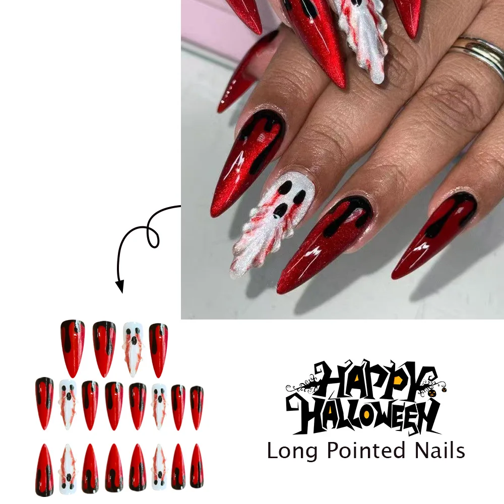 24pcs Gothic Punk Hallowween False Nails Black Red Gradient Long Pointed Ghost Press on Nails European Spicy Girls Fake Nails