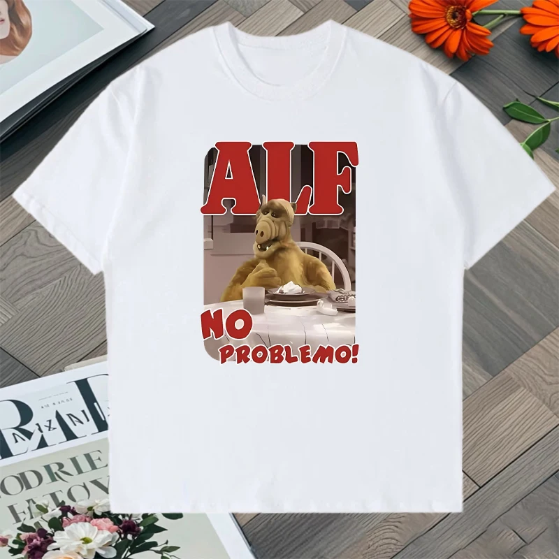 Camiseta con estampado con dibujo de ALF NO PROBLEMO para hombre y mujer, camiseta de manga corta con cuello redondo, Top informal holgado de algodón puro, Popular de verano 2025