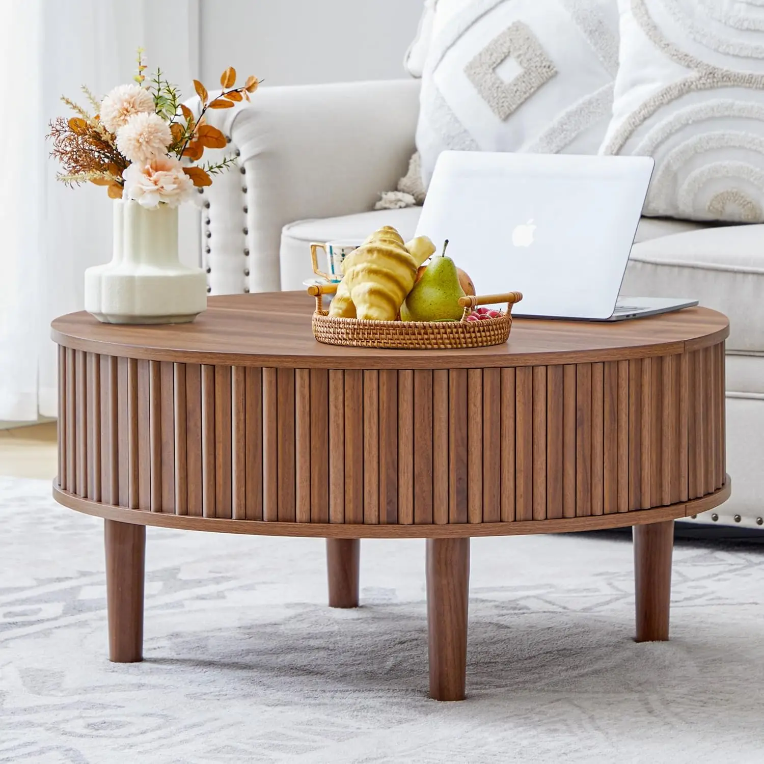 Okrągły stolik kawowy z podnoszonym blatem i schowkiem, stoliki kawowe w stylu mid-century modern z rowkowanym wzorem, do małych przestrzeni, drewniany blat 80 cm, możliwość personalizacji
