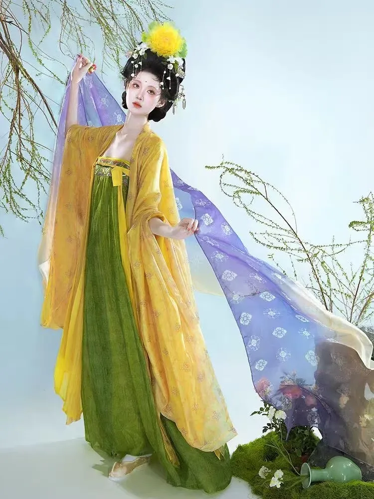 

Платье ханьфу большого размера 3XL, женский карнавальный костюм на Хэллоуин, китайский винтажный костюм династии Тан, желто-зеленое платье ханьфу