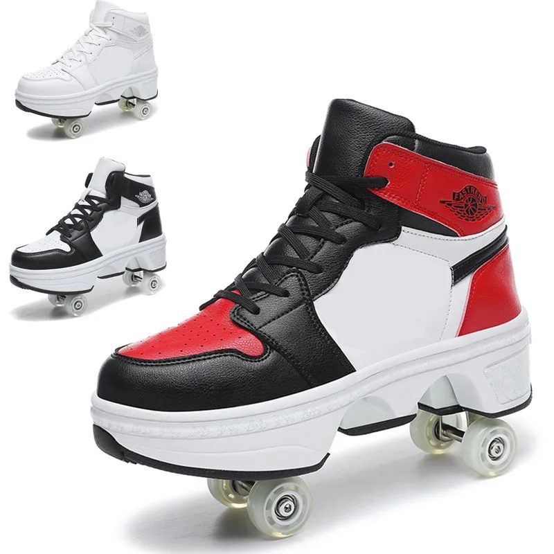 Deformation Roller Skates Shoes Four Wheels Running Shoes Roller Skates Women Men Parkour Roller Shoes Kids Sneakers