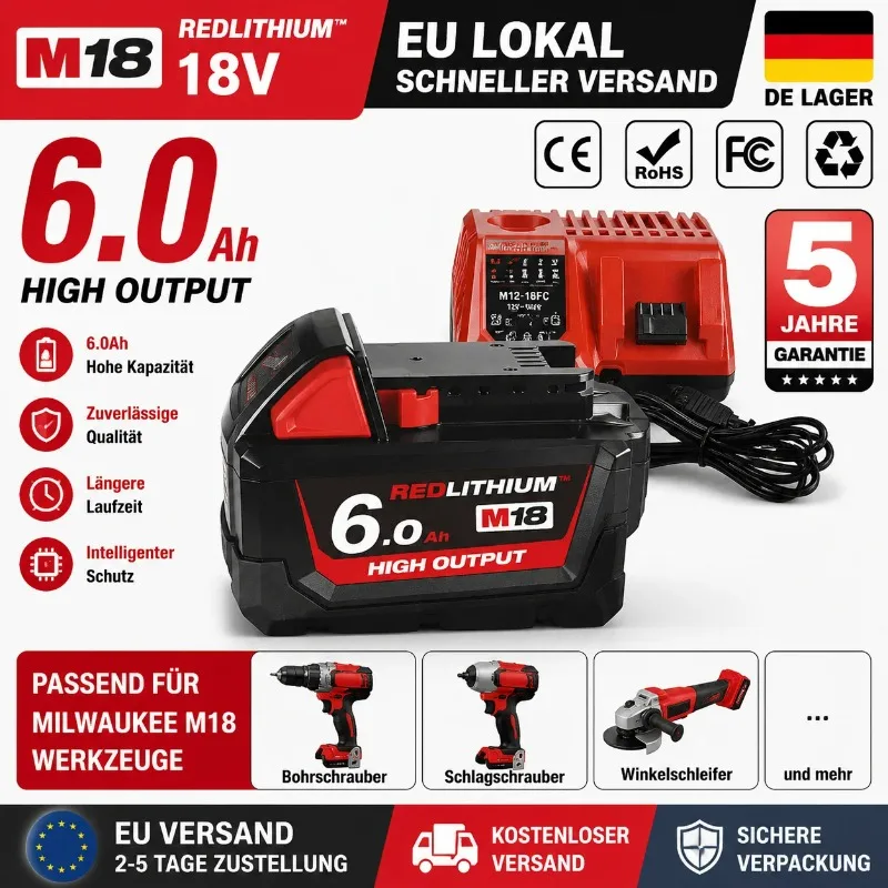 Bateria litowa 18V 6.0Ah 18650 o dużej pojemności, kompatybilna z Milwaukee M18 48-11-1860 / 48-11-1850 / 48-11-1840 – dostawa z magazynu w UE