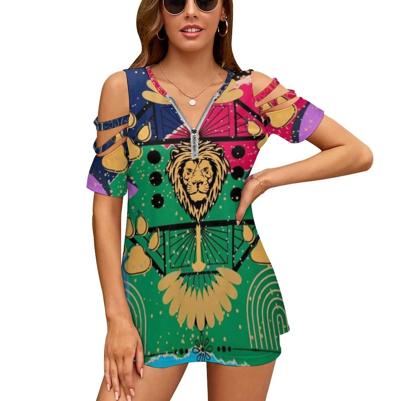 Lion Royalty Art New Fashion Zip Off Shoulder Top Short-Sleeve Women Shirt Lion Golden Aesthetic Beautiful Unique Fun Different