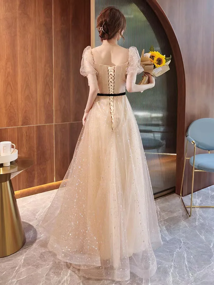 Robe de soirée Champagne, manches bouffantes, ligne a, longueur au sol, dos à lacets, robe de bal, de Banquet, Haute Couture