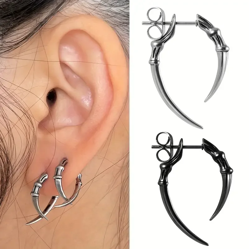 2PCS Surgical Steel Devil's SilverColor Black Claw Ear Tragus Helix Earrings Ear Studs Man Punk Lobe Piercing Body Jewelry 16g