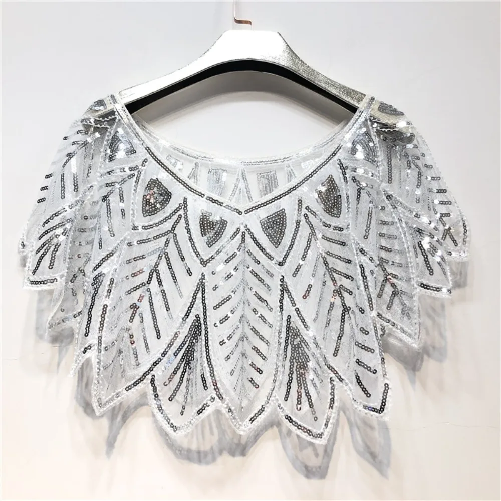 Fashion V-Neck Beading Elegant Shawl Wrap Ladies Black Lace Women Short Cape Sequined Sparking Jacket Elegant Bridal Shawl