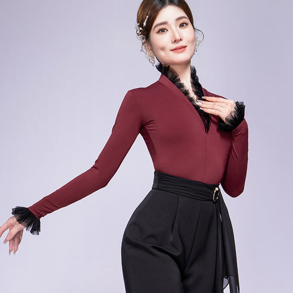 Black Cha Cha Dance Ball Top Slim-fit Slimming New Women's Top Long-sleeved Clothing New V-neck Practice Clothes