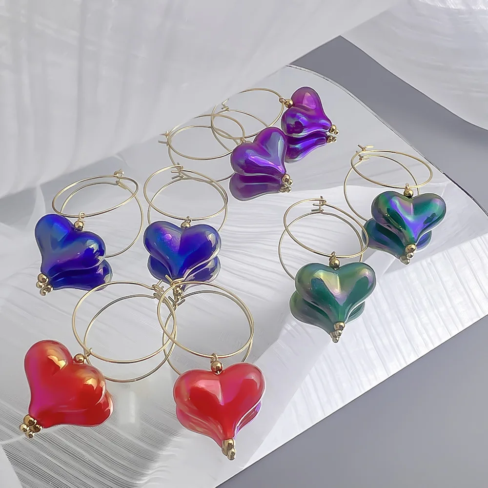 3D Acrylic Colorful Love Heart Drop Earrings Stainless Steel 2.5cm Hoop Earrings Fashion Ear Accessories Jewelry Gifts for Women