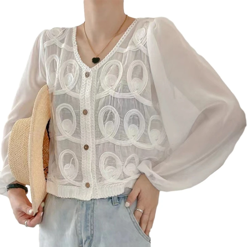 2024 Phụ Nữ Mới Sheer Voan Puff Dài Tay Áo Cardigan Rỗng Ra Móc Ren Miếng Dán Cường Lực Cổ Chữ V Nút Xuống Crop Top