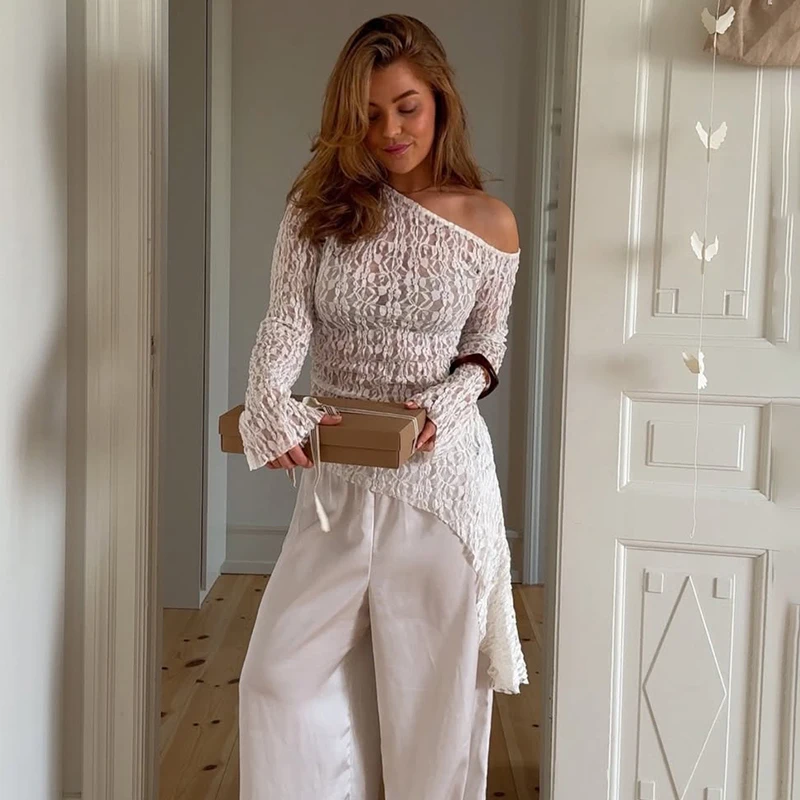 

Tornova Off-shoulder Lace Irregular T shirt Top Women's See-through Long Sleeve Pullovers Autumn New Fashion Lady Commuting Top