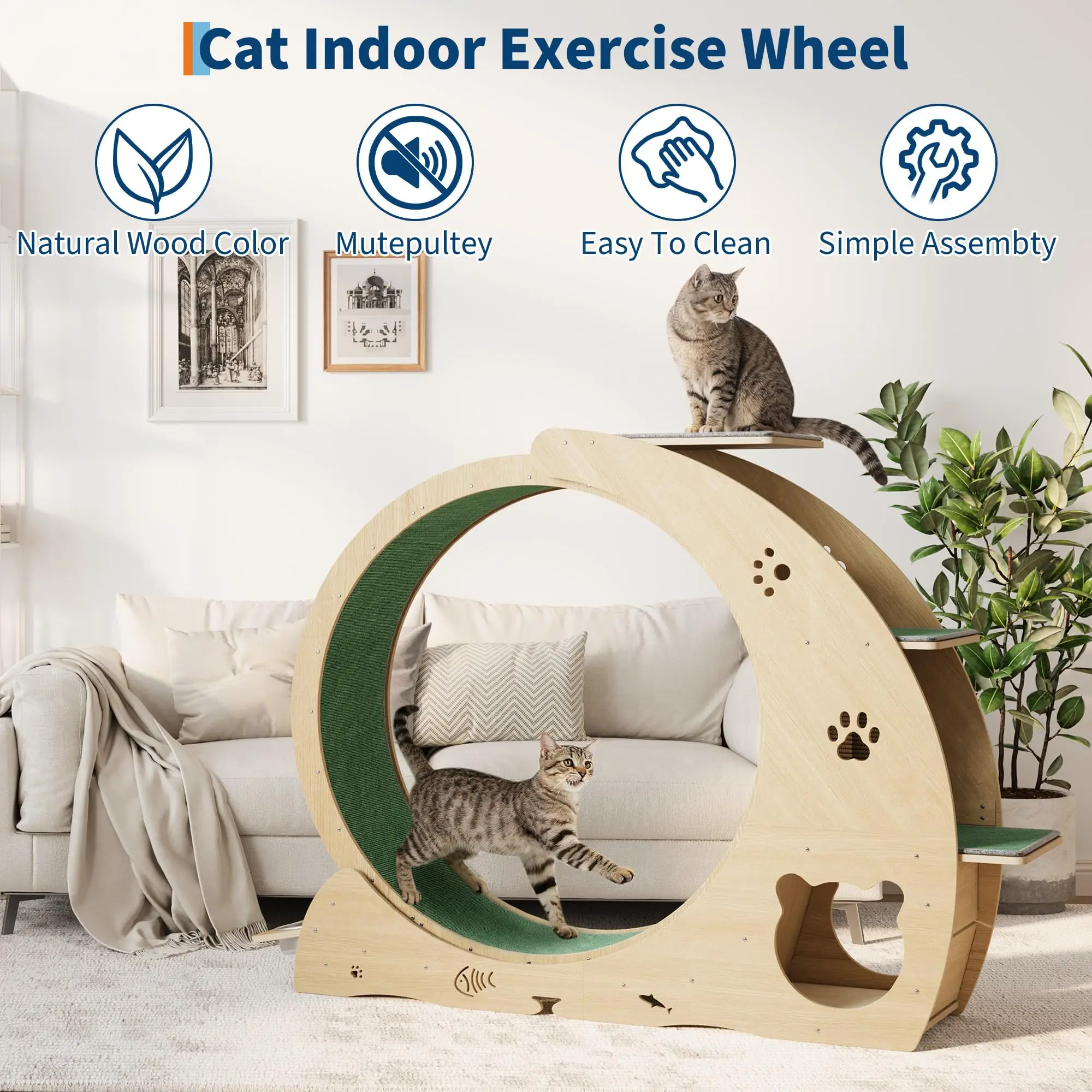 

6-in-1 Multifunctional Cat Exercise Wheel Quiet Large Cat Treadmill With Bowls Scratch Post Detachable Carpet Cats Running Wheel