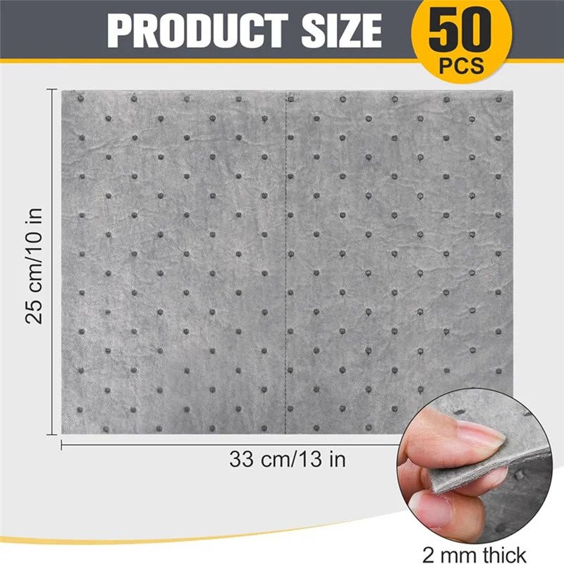 Almofadas absorventes de óleo 50 peças, tapetes de polipropileno fundido de 13x10 polegadas, linhas rasgadas à mão para automóveis e oficina, controle de derramamento
