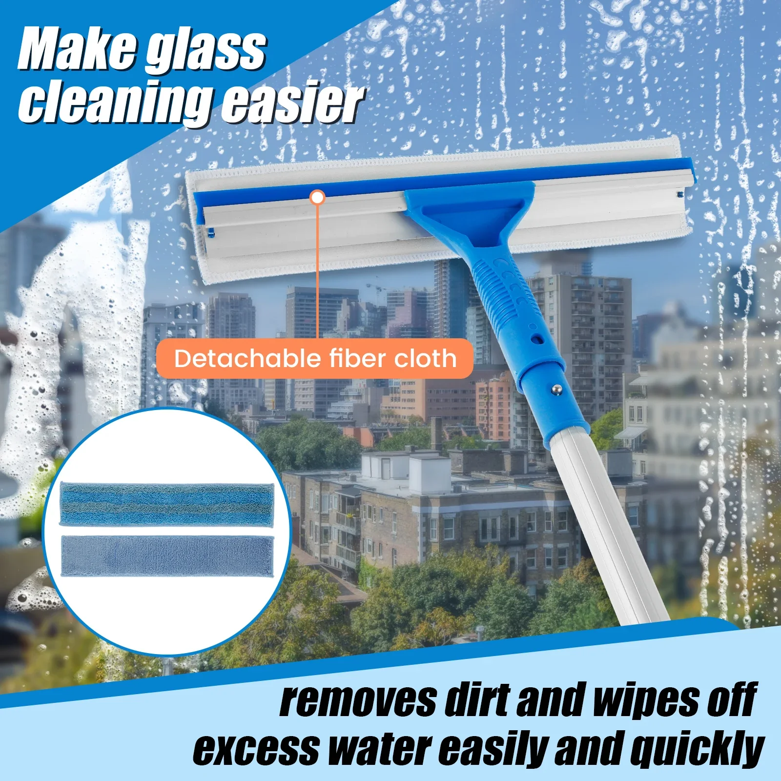 Window Cleaning Brush Adjustable Extended Handle Double-sided Glass Cleaner Mop with Silicone Squeegee for Home Cleaning Tool