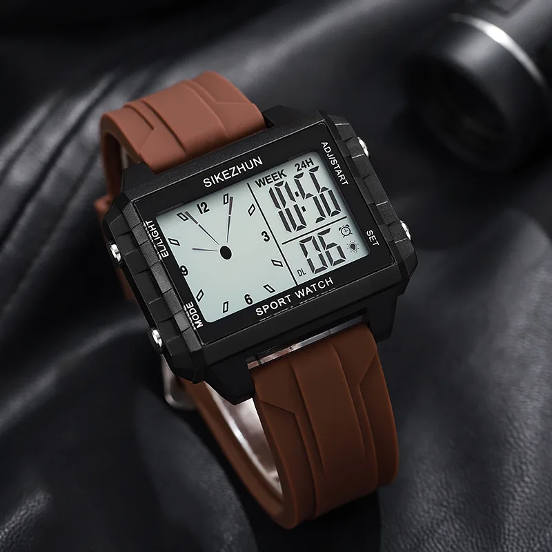 Ins Style Men's Dual Display Square Silicone Strap Electronic Watch Night Light Men's Sports Watch