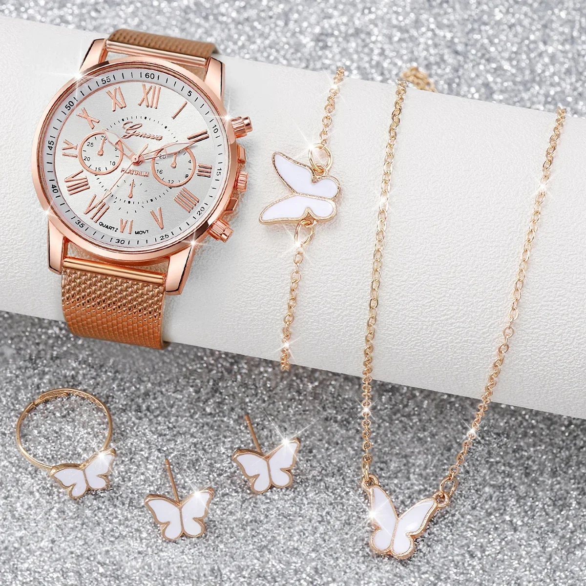 5PCS/Set Geneva Women Watches Fashion Plastic Band Ladies Quartz Watch Butterfly Jewelry Set（Without Box）