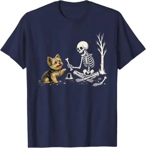 Lustiges Yorkie-Skelett und Halloween-Kostüm-Totenkopf-T-Shirt Y2K Niedlicher Welpe Hund Papa Mama Grafik-Bekleidung Halloween Haustierliebhaber-T-Shirts – Detail 13