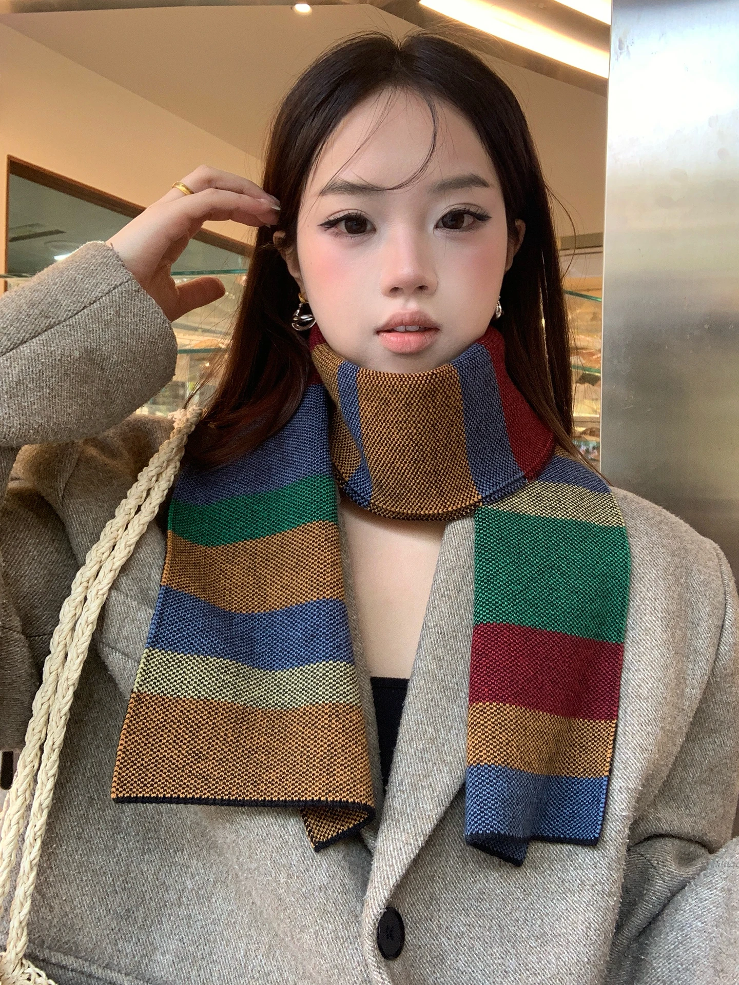 Dopamine Colored Stripes Knitted Small Scarf Women's Winter Korean Style Warm Short Fashion Neck Protection Scarf