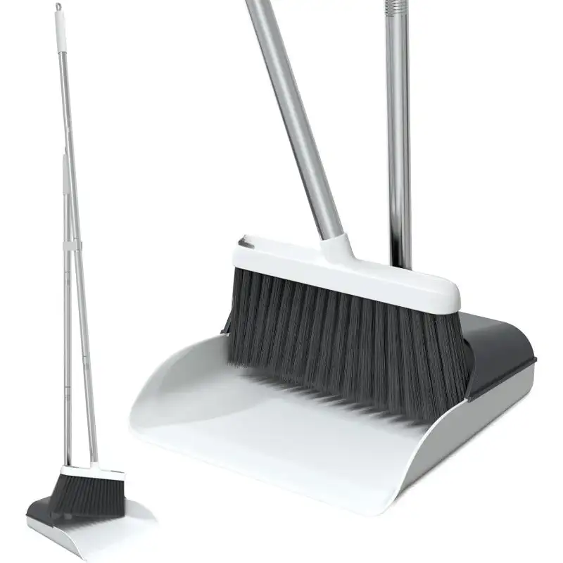 

Stand Up Dustpan and Broom Set 50” Long Handle Broom with Dust Pan, 20° Angled for Ergonomic Home Office Indoor Sweeping