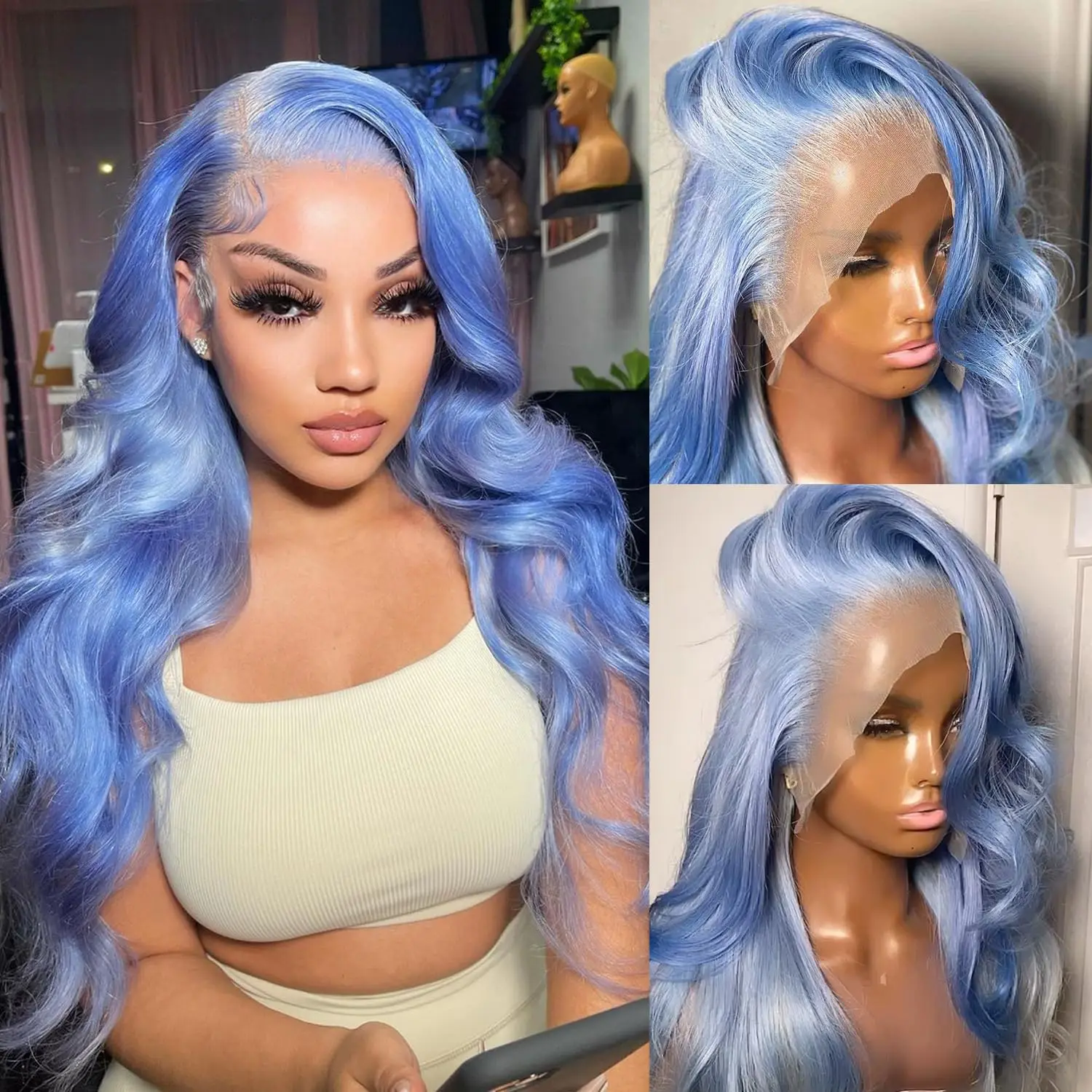 13x4 Lake Blue Body Wave Lace Front Wig 180% Blue Colored Human Hair Wigs For Women HD Transparent Lace Frontal Wig Preplucked