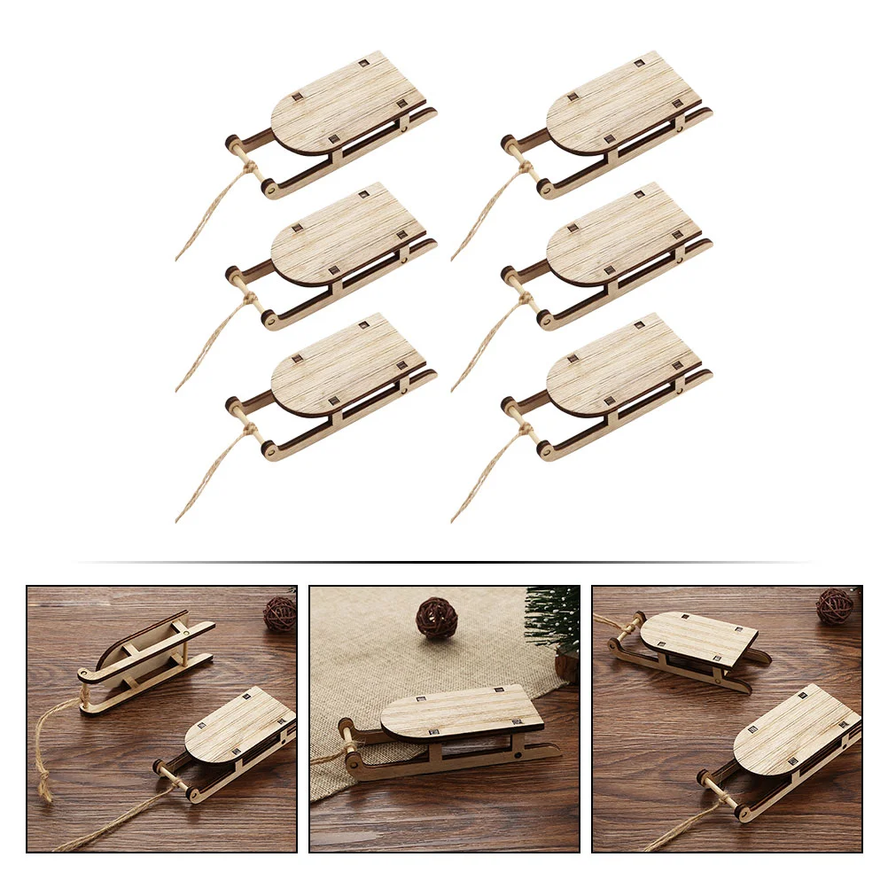 6 Pcs Sled Toy Sleigh Decoration Xmas Adornment Desktop Tabletop for Wood Wooden Christmas Office Mini Ornament Pendant