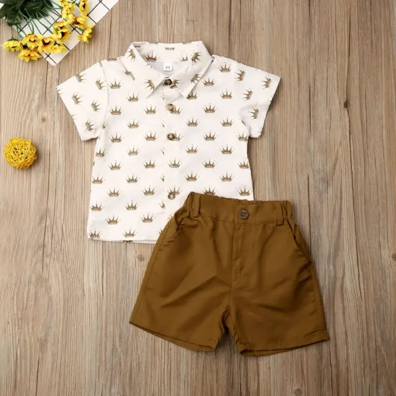 2022 New Kids Boys Summer Clothes Sets Baby Gentleman Suits Lapel T-shirt Tops + Short Pants 2Pcs Outfits Boys Clothing 0-6Y