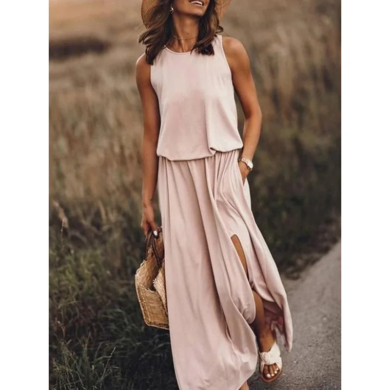 

Fashion Sleeveless Tank Long Dress Women 2024 Summer Loose Casual Solid Slit Elegant Ladies Dresses For Women