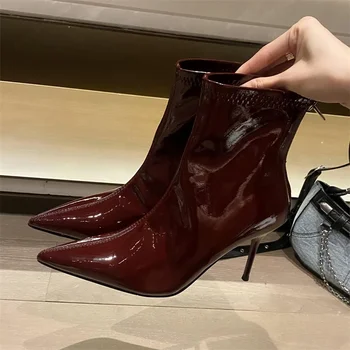 Eilyken estilo de rua fino salto alto tornozelo botas femininas couro patente outono inverno sapatos com zíper sexy banquete baile bombas