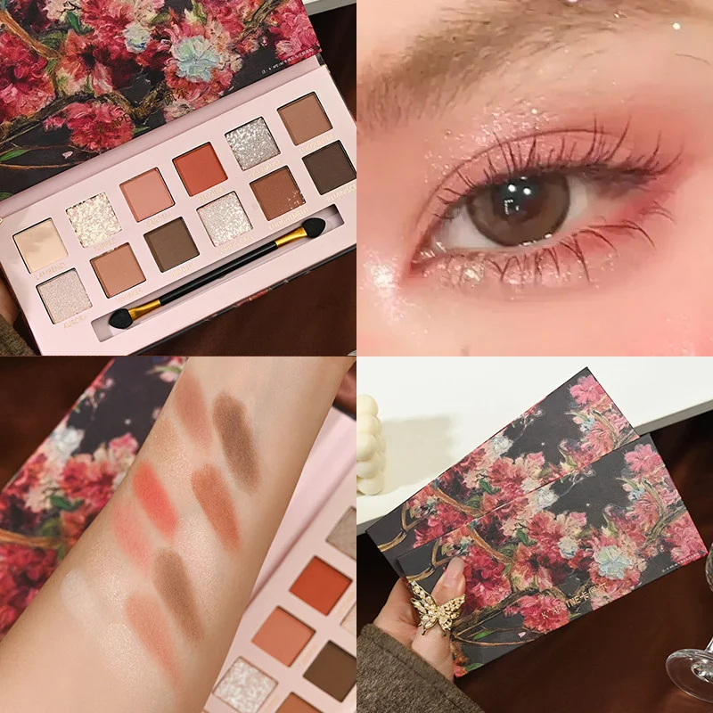 12 لون مجموعات ماكياج الدانتيل خمر الملاك بريق عينيه بيرليسسينت ماتي لوحة مع مرآة عدة تسليط الضوء على أحمر الخدود يشكلون النساء