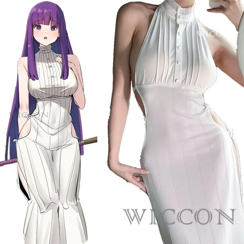 Frieren At The Funeral Doujin Farn Cosplay Kostüme Farn Halloween Kostüme für Frauen Farn Sexy Weiß Strick Elastisches Kleid Perücke