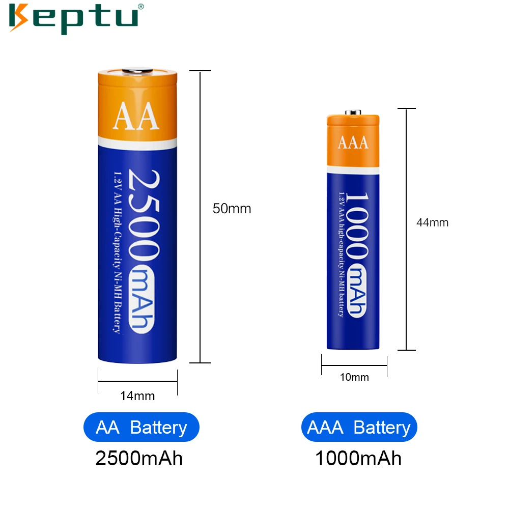 Keptu 1.2V AA Rechargeable Batteries 2500mAh + 1.2V AAA Battery 1000mAh Ni-MH AA AAA Rechargeable Batteries for Camera Toy Mouse