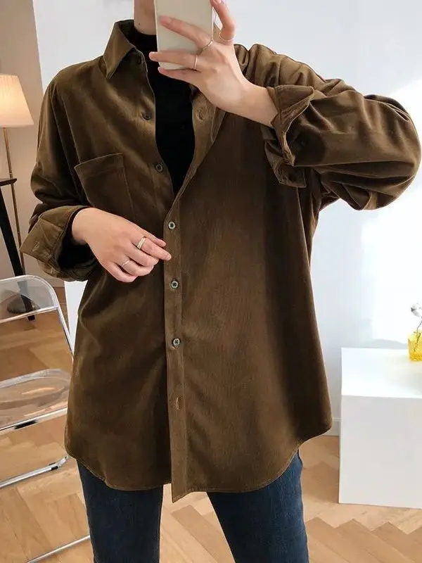 

2023 Spring Women's Corduroy Blouse Cleanfit Sle ort Sve Thin Deformable Ladies irt A-Line Sve Other Material