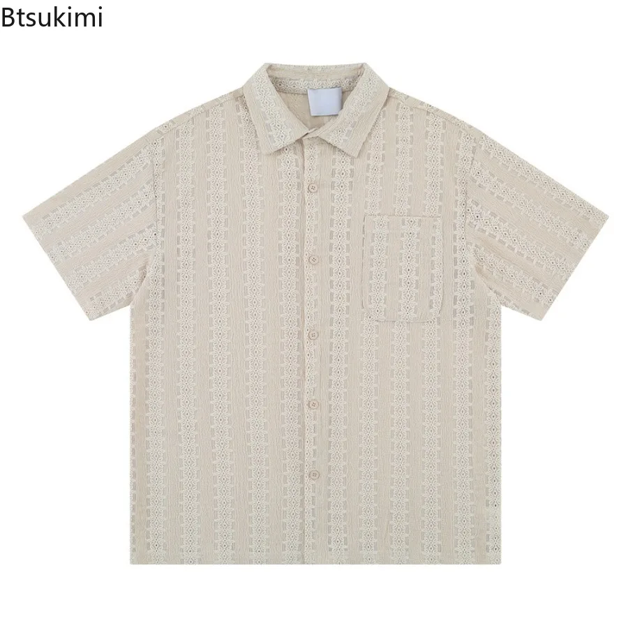 2026 New Men's Breathable and Translucent Layered Apricot Bubble Sand Shirt Short Sleeved Casual Loose Pleated Men's Half Sleeve