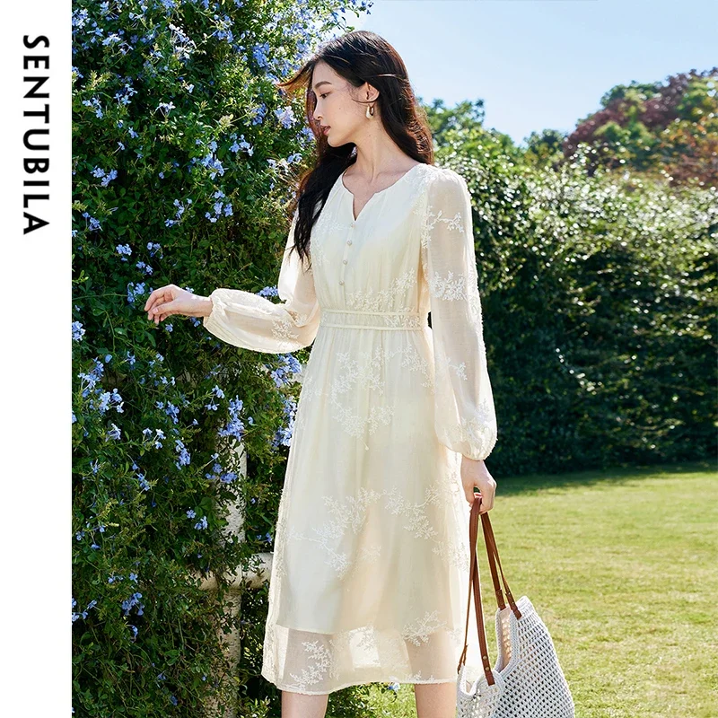 

SENTUBILA Women's Embroidery Dresses 2025 Spring Fall A-line Long Sleeve Elegant Holidays Vacation Midi Dress Ladies 151L58303