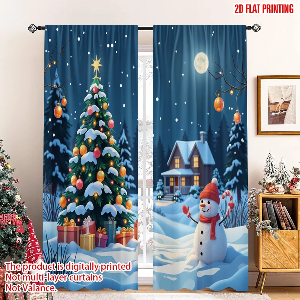 

2pcs 2D flat printing Merry Christmas Popular Curtains Christmas Snowman Winter Village Scene 100% Polyester Without Electricity