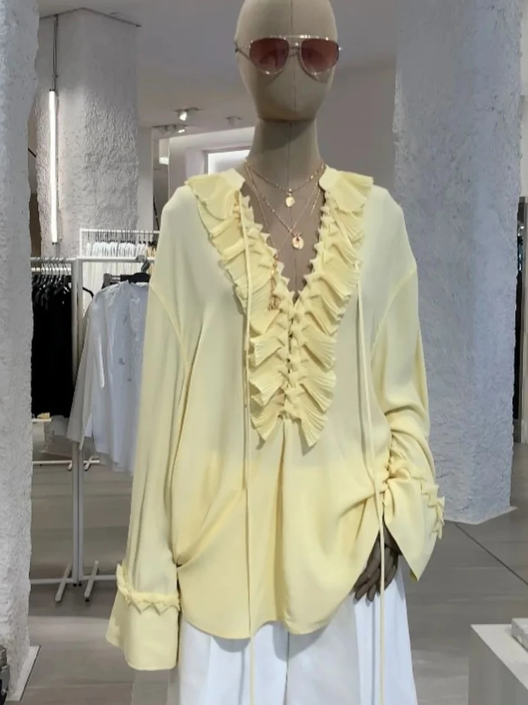 XIAOTANG mousseline de soie à volants à lacets chemises haut femme transparent col en v solide à manches longues pull ample décontracté pour les femmes Blouse