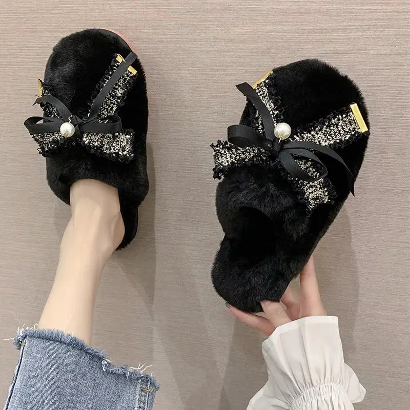Women's New Autumn Winter Fresh Fuzzy Closed Toe Slippers Flat Anti Slip Indoor Outdoor Wearable Cotton Lined