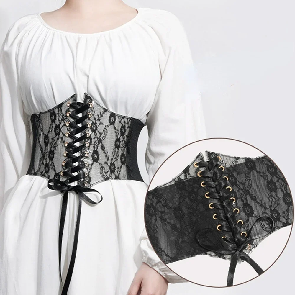 Transparent Lace Elastic Waistband Female Ultra Wide Belt Vintage Skirt Lolita Decorative Body Shaper Girdle Corset Harajuku y2k