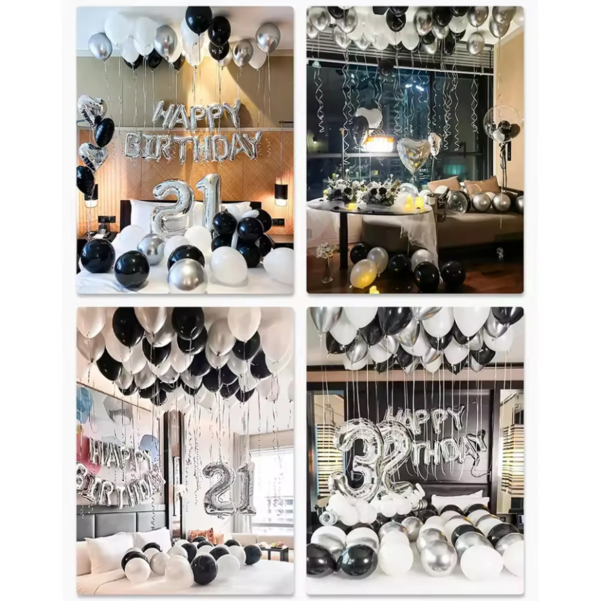 30/54 قطعة بالونات باللونين الأبيض والأسود، بالونات فضية مناسبة لتزيين أعياد الميلاد وديكور العطلات