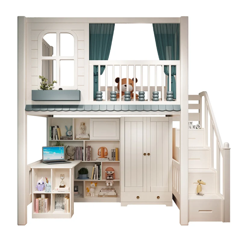 

All solid wood bed, lower table, wardrobe combination bed, small apartment children's tree house,