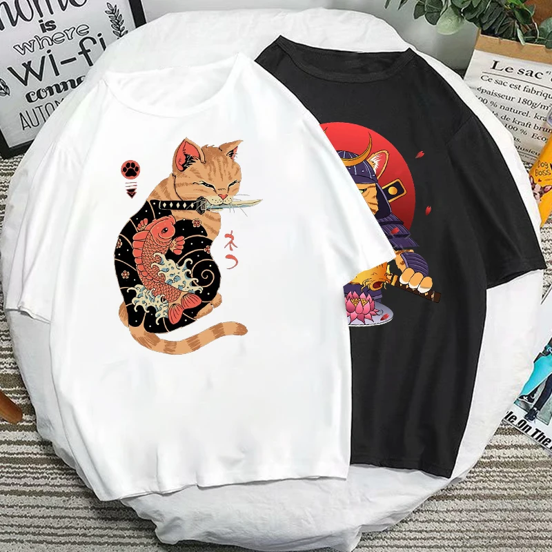 Catana T Shirts 90s Vintage Japan Aesthetics Tops Funny Cartoon Cat Print Tee Women Men Fashion Short-sleev Tees Samurai Shirt