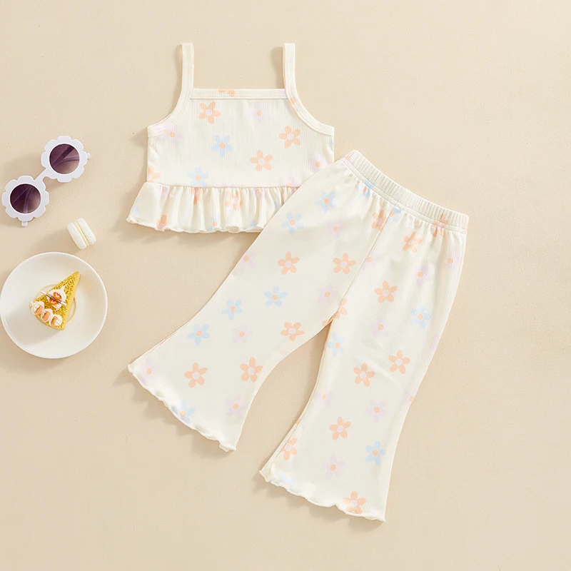 2024-04-03 Lioraitiin 6M-4Y Kid Baby Girls Clothes Set Flower Print Sleeveless Camisole with Flare Pants Summer Outfit