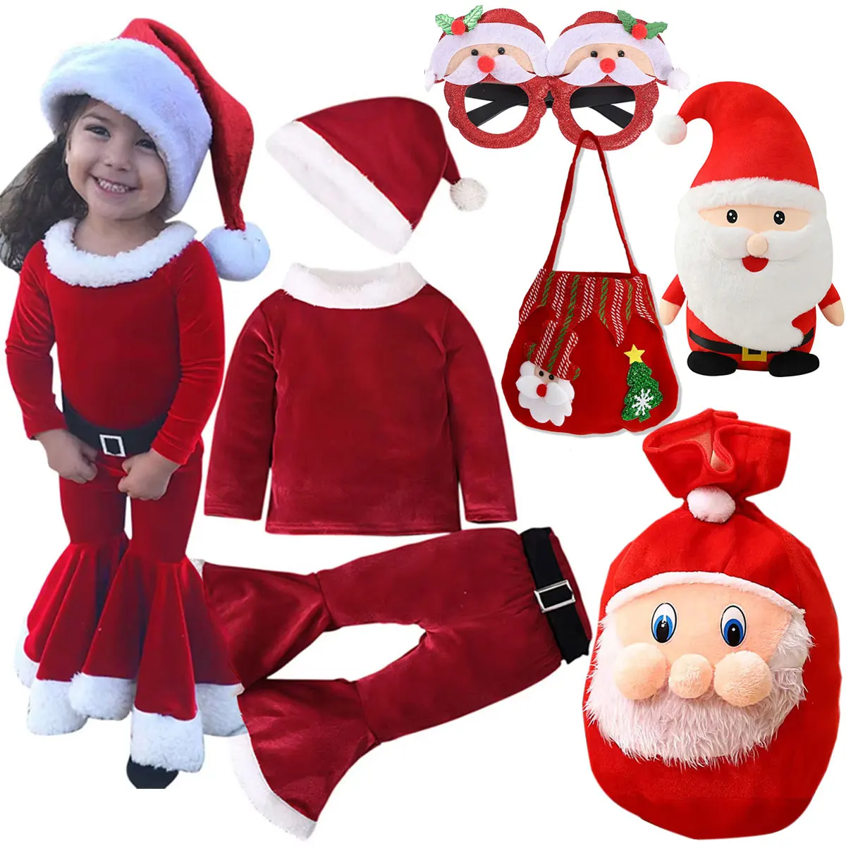

2025 Новогодний Рождественский фестиваль Красный эльф для девочек Детский косплей Красная рождественская одежда Набор аксессуаров для кукол Санта-Клаус для малышей