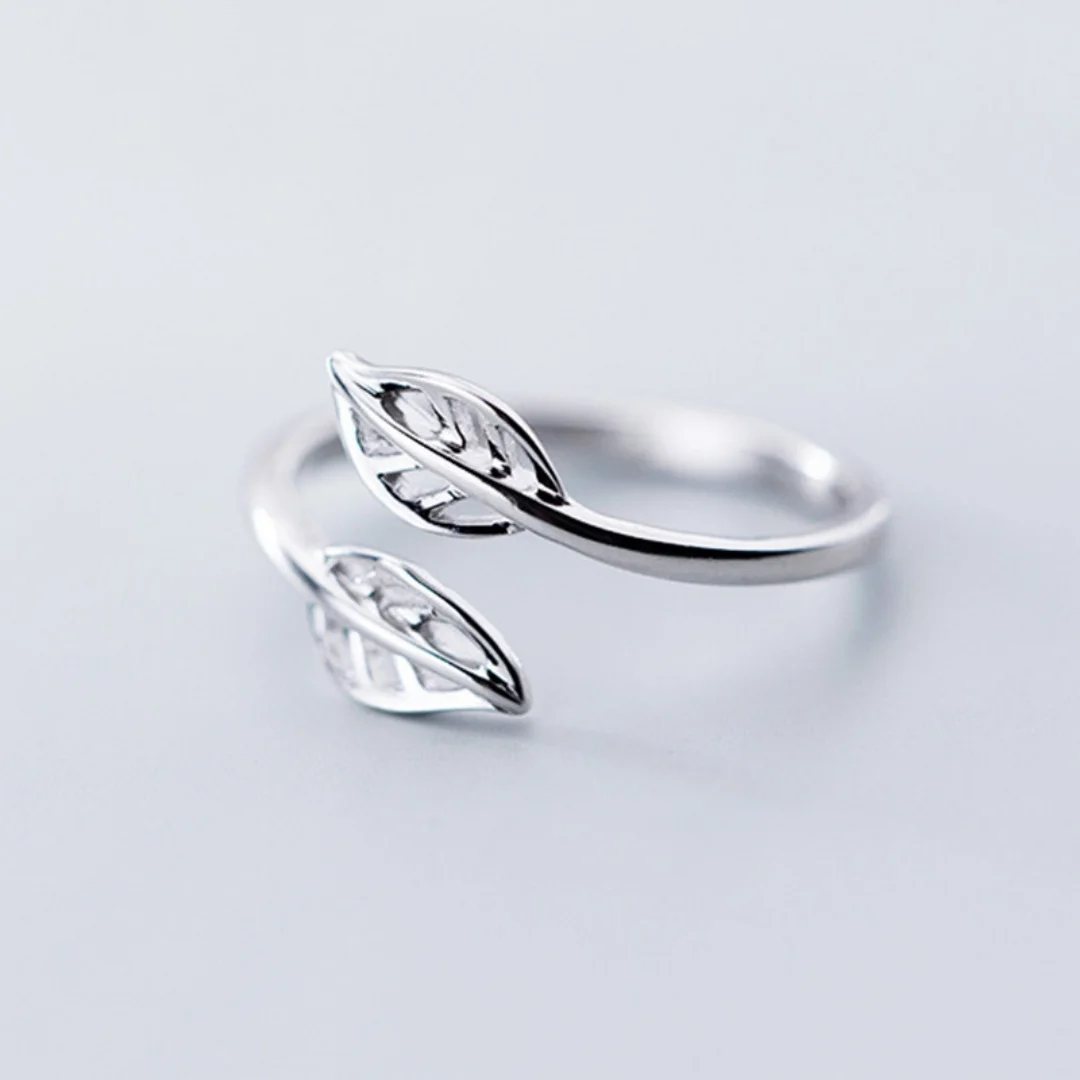 Hot selling new 925 sterling silver fashionable simple personality hollow double tree leaf sweet opening ring wholesale JZ025