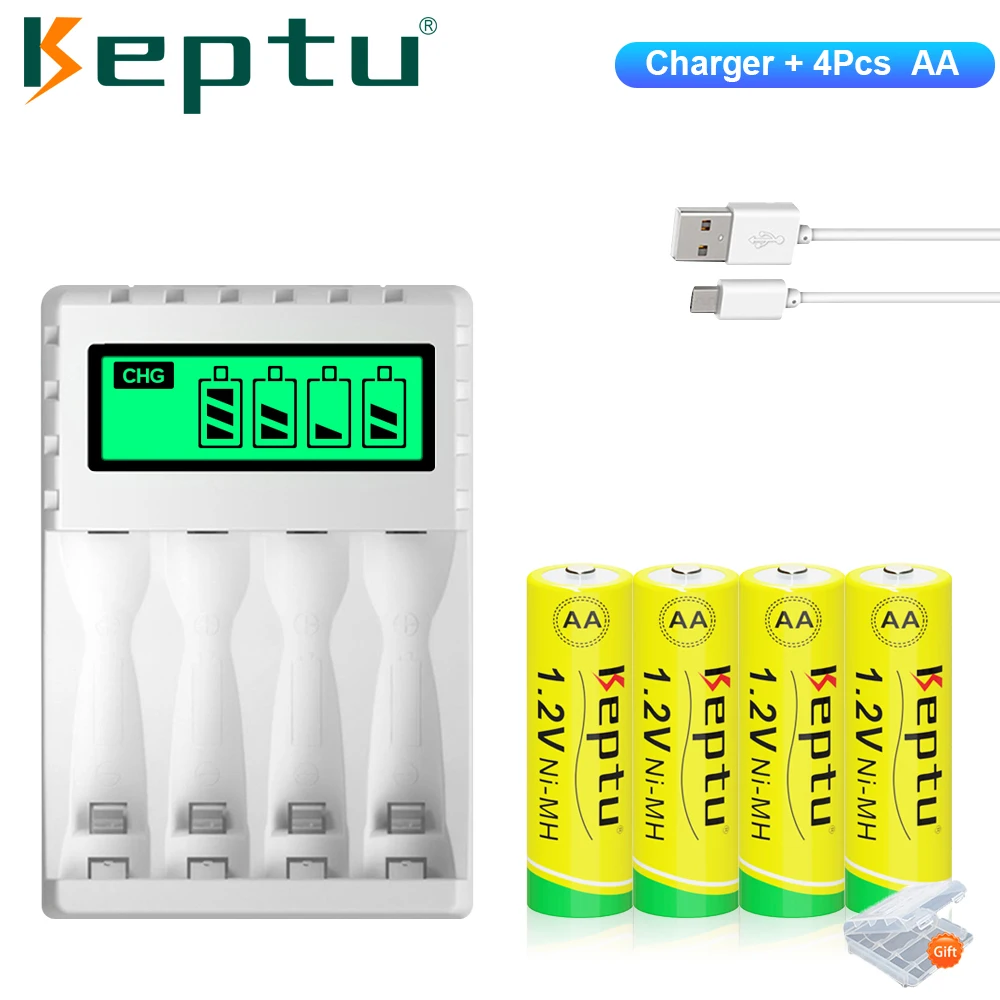 

KEPTU 4Pcs 1.2V AA Ni-MH Rechargeable Battery 2200mAh aa with 4 Slots Quick Charger