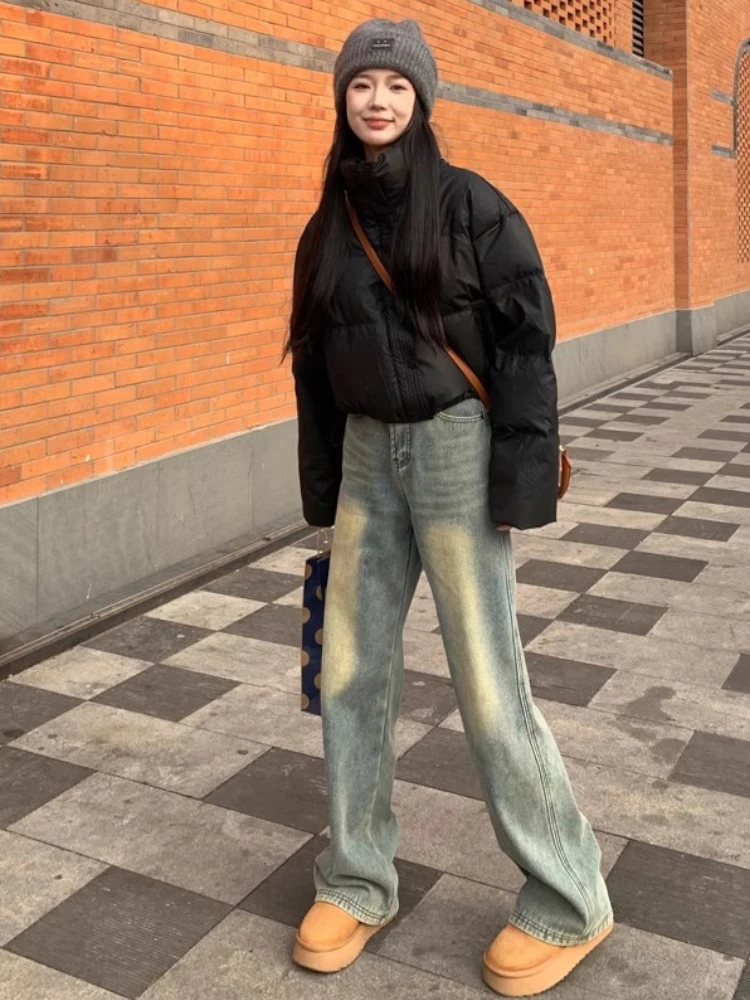 الرجعية عالية الخصر واسعة الساق الجينز المرأة فضفاضة تناسب مستقيم قطع السراويل الخريف التخسيس ثنى السراويل الطويلة عادية الدينيم Skinnies