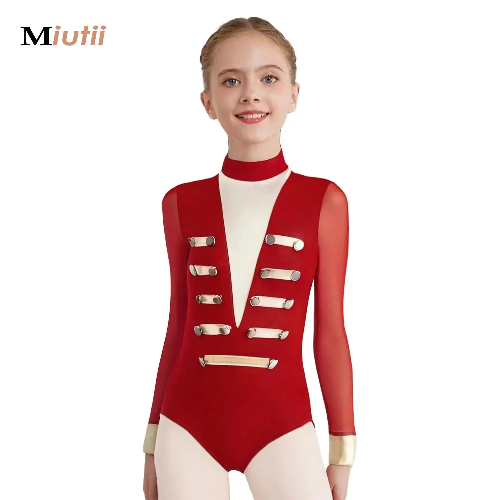 

Kids Girls Figure Skating Gymnastics Jersey Leotard Sheer Mesh Long Sleeves Metallic Bodysuit Jazz Tango Performance Costume