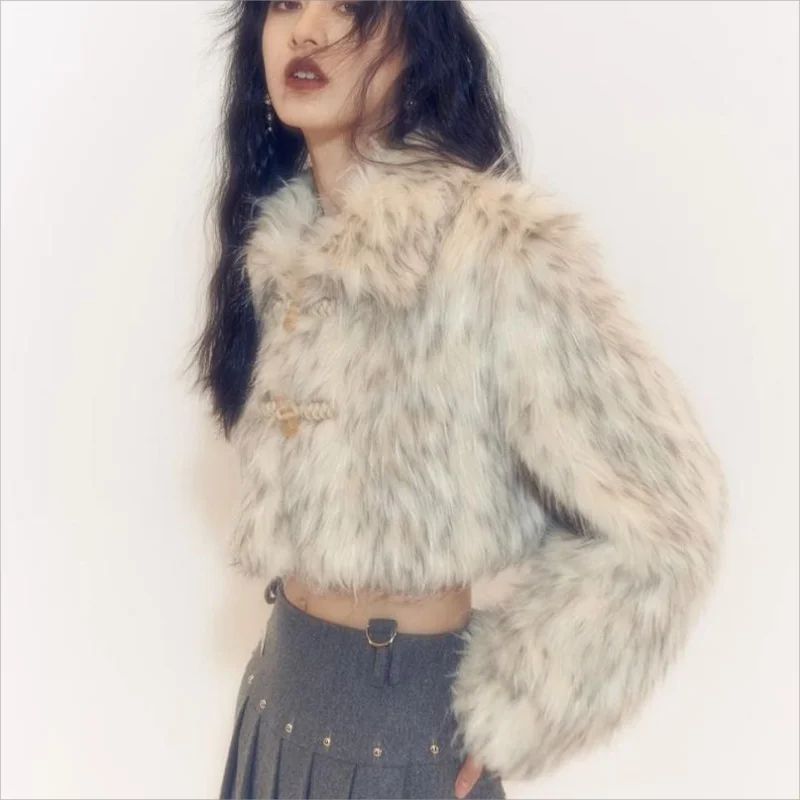 Women's Fur Fashion Coat Imitation Fox Fur Coat Lapel Warm European And American Leisure Leopard Print Short jacket