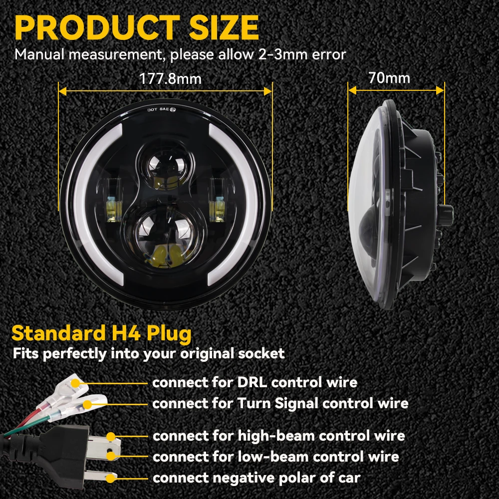 Motor Car LED 7 Inch Round Headlight DRL H4 Hi-Lo With Halo Angel Eyes Motorcycle Headlamp for Lada Niva 4X4 Uaz 12V 24V+ Hunter