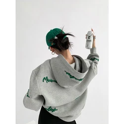 Sudadera holgada con manga raglán para mujer, Jersey holgado de estilo coreano, con letras estampadas, estilo Vintage y gris, para otoño